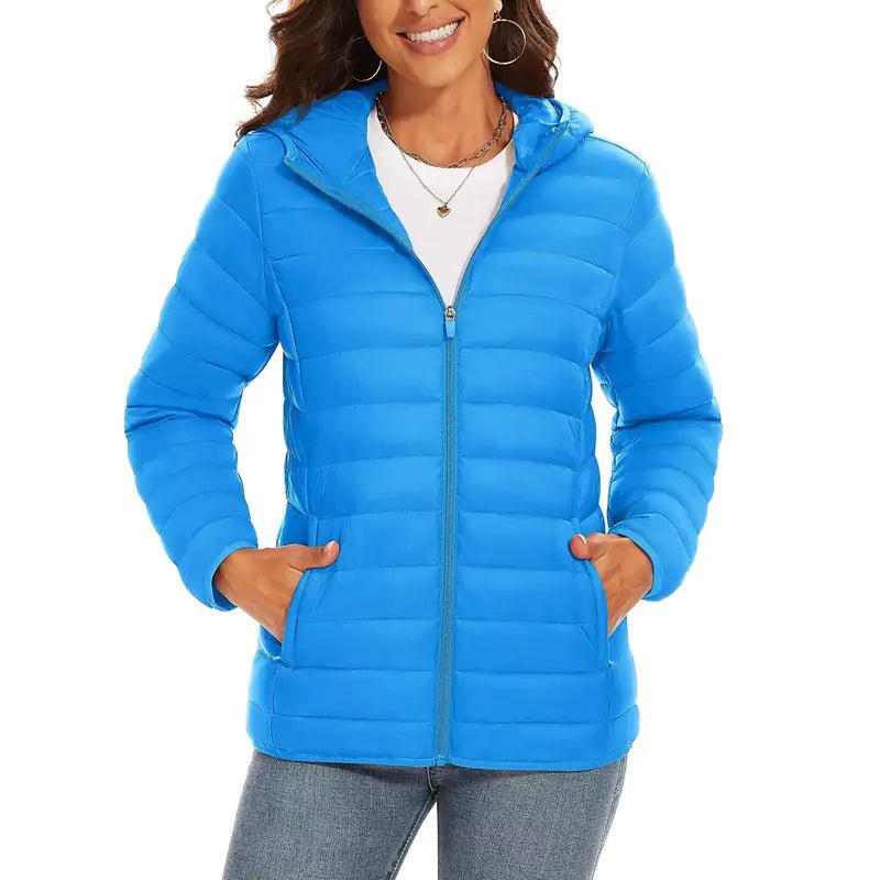 Jaqueta Puffer Feminina Com Capuz Azul