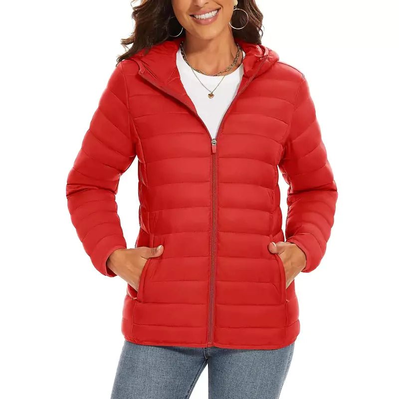 Jaqueta Puffer Feminina Com Capuz Vermelho