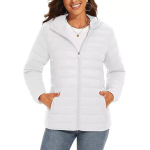 Jaqueta Puffer Feminina Com Capuz Leve Branco