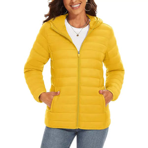 Jaqueta Puffer Feminina Com Capuz Leve Amarelo