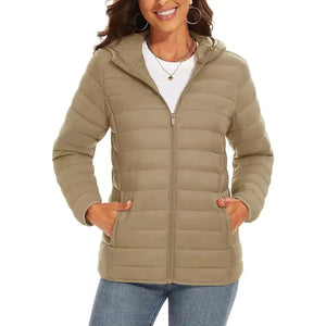 Jaqueta Puffer Feminina Com Capuz Leve Khaki