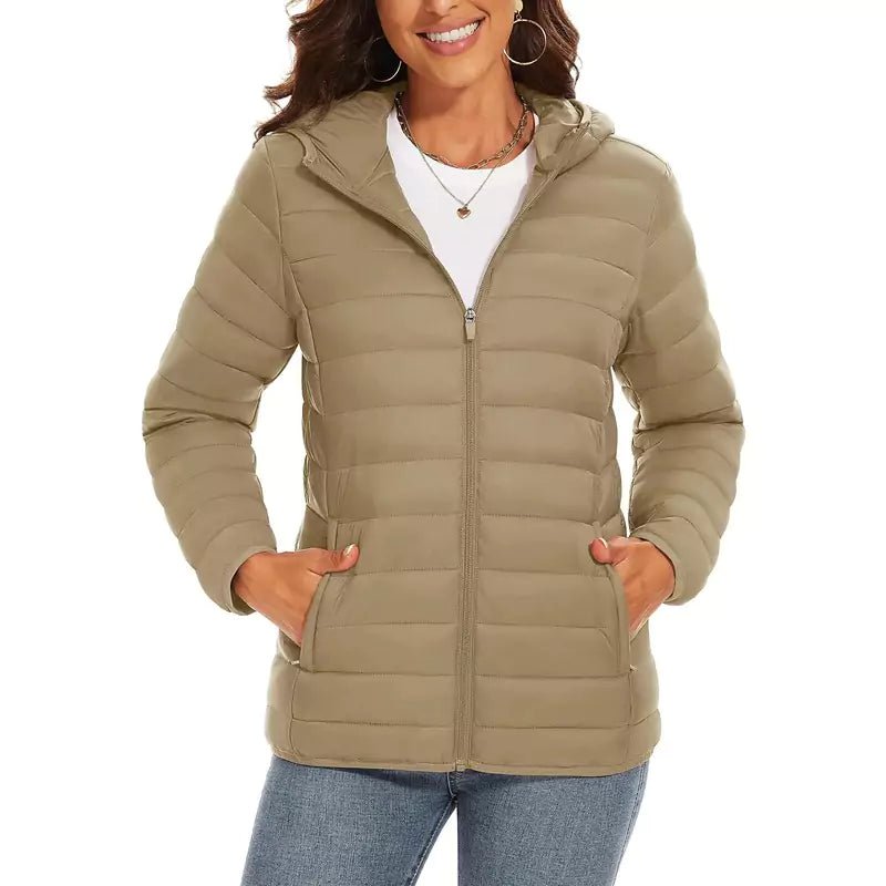 Jaqueta Puffer Feminina Com Capuz Leve Khaki