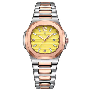 Relógio de Pulso Feminino Poedagar Nautilus Pulseira Prata e Rose Com Mostrador Amarelo
