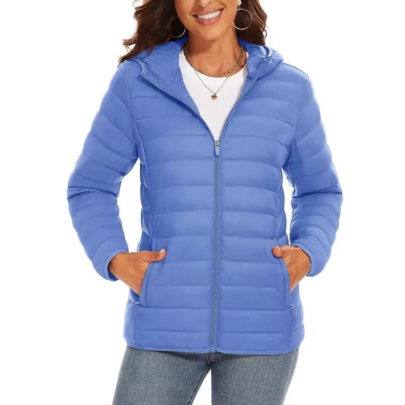 Jaqueta Puffer Feminina Com Capuz Leve Azul