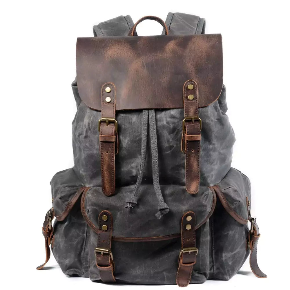 Mochila De Lona E Couro Encerada Impermeável Cinza