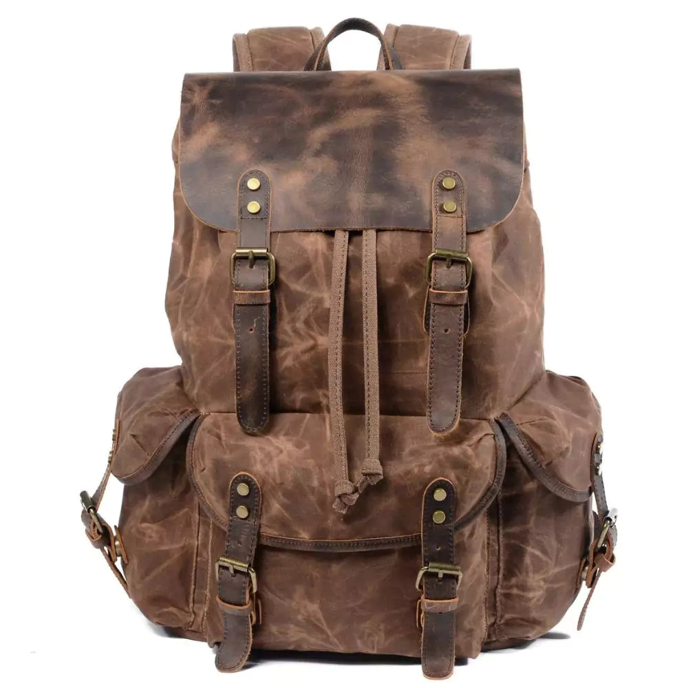 Mochila De Lona E Couro Encerada Impermeável Marrom
