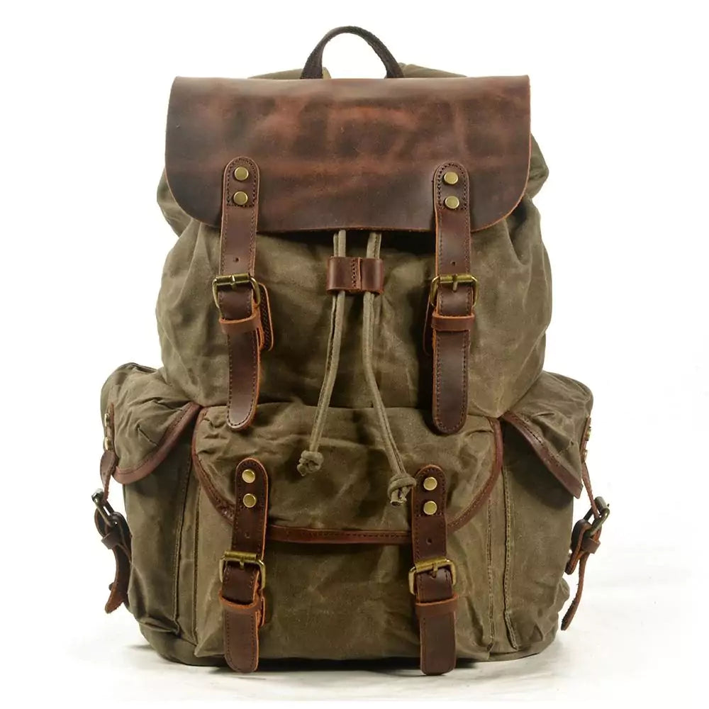Mochila De Lona E Couro Encerada Impermeável Verde