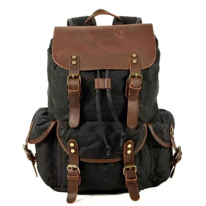 Mochila De Lona E Couro Encerada Impermeável Preta