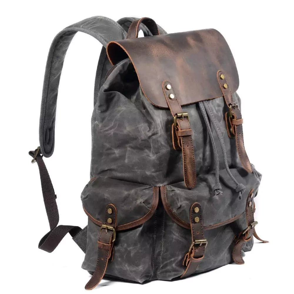 Mochila De Lona E Couro Encerada Impermeável