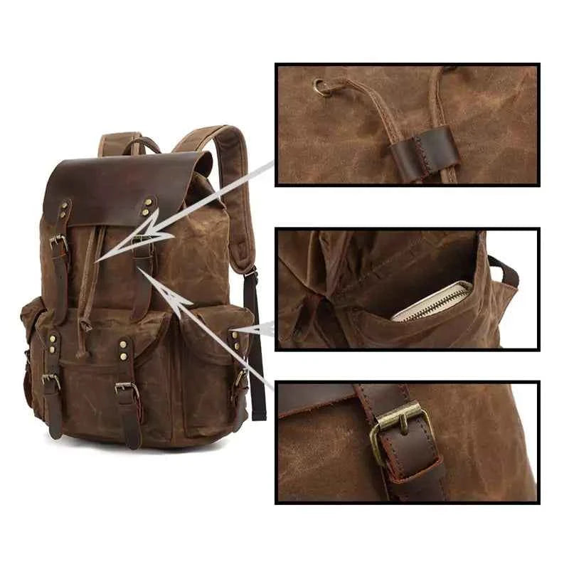 Mochila Masculina De Lona Encerada E Couro Impermeável
