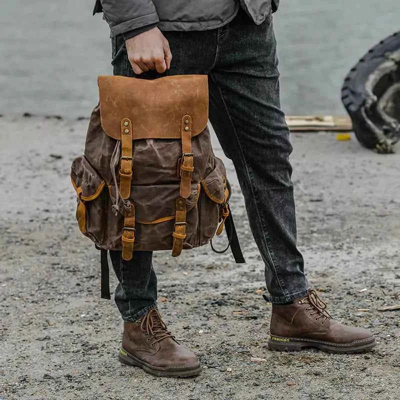 Mochila Masculina De Lona Encerada E Couro Impermeável