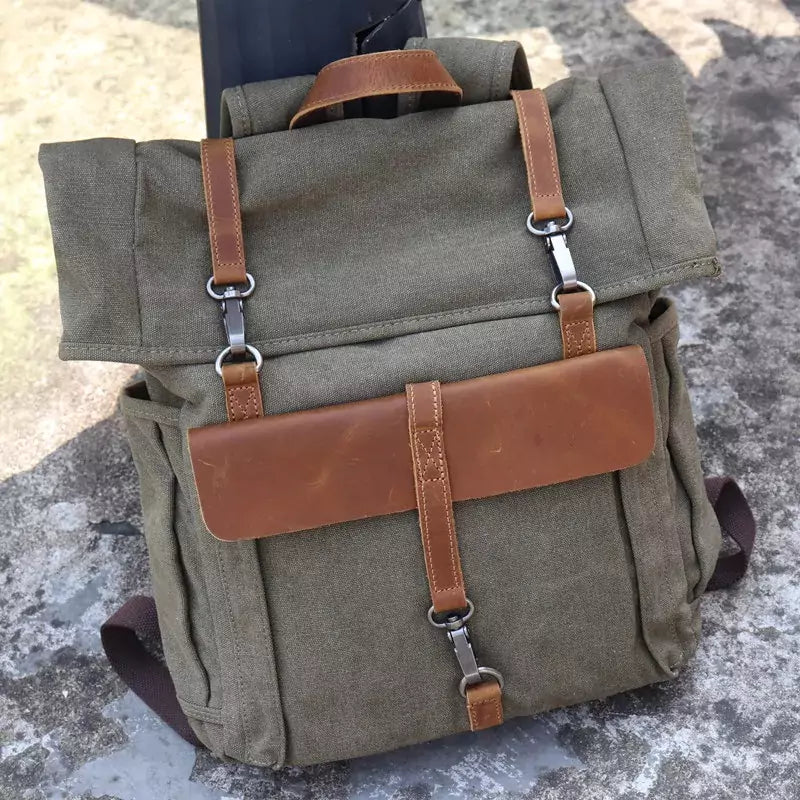 Mochila Para Notebook Lona E Couro Verde