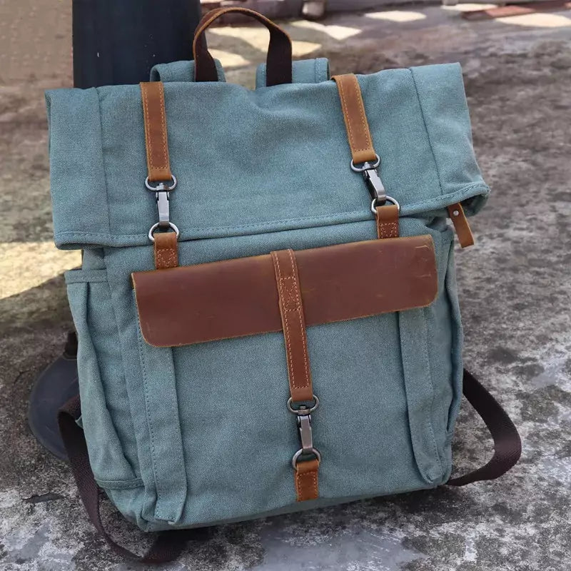 Mochila Para Notebook Lona E Couro Azul