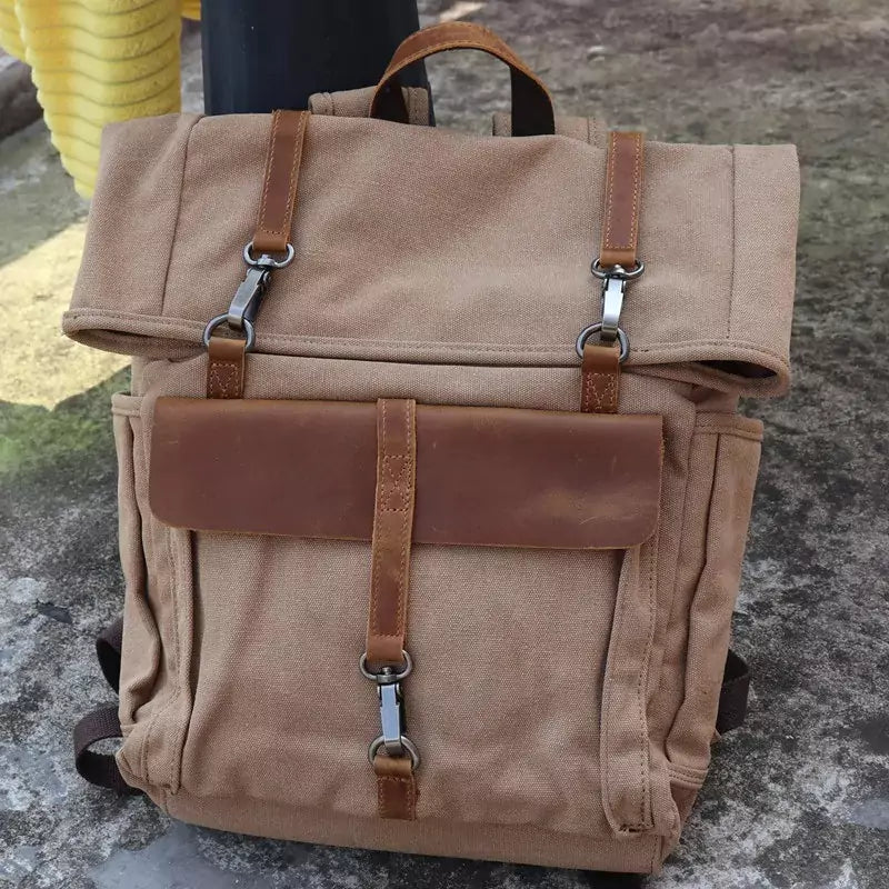 Mochila Para Notebook Lona E Couro Khaki