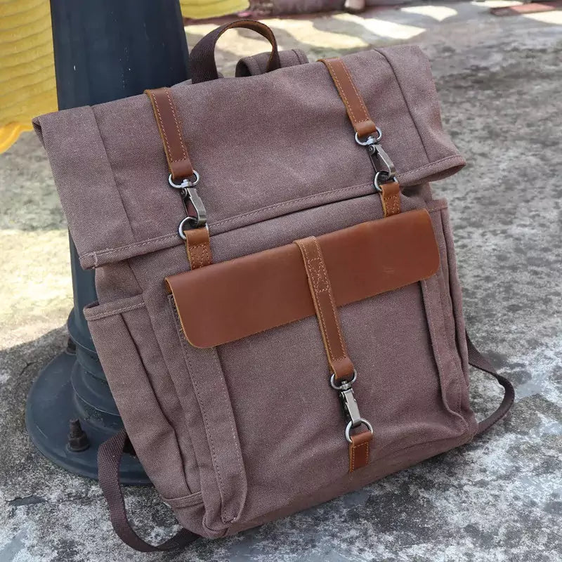 Mochila Para Notebook Lona E Couro Marrom