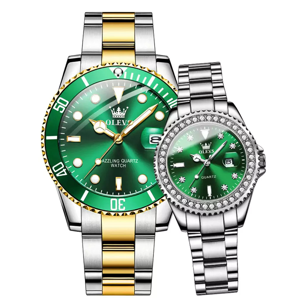 Relógio de Pulso Casal Prata Verde