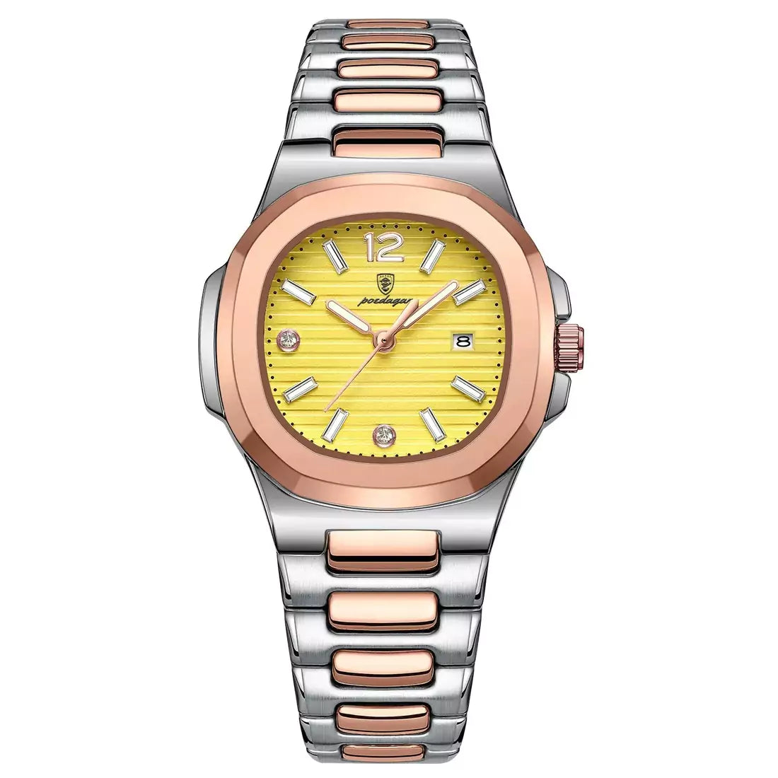 Relógio de Pulso Feminino Poedagar Nautilus Pulseira Prata e Rose Com Mostrador Amarelo
